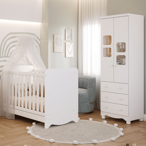 Quarto de Bebê Completo Berço Americano Ben 3 Em 1 Guarda Roupa Uli 2 Portas 3 Gavetas Branco Carvalho 100% MDF Móveis Peroba