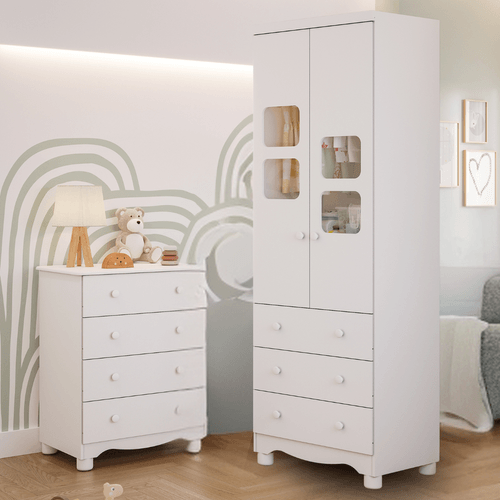Quarto de Bebê Completo Cômoda Júnior Simples 4 Gavetas Guarda Roupa Uli 2 Portas 3 Gavetas 100% MDF