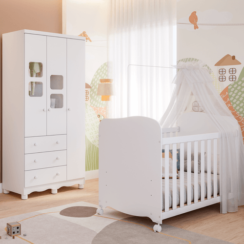 Quarto de Bebê Completo Uli com Guarda Roupa 3 Portas 3 Gavetas e Berço Americano Móveis Peroba