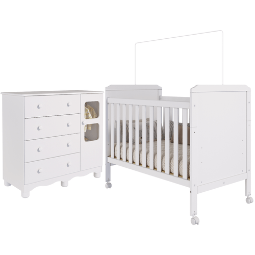 Quarto de Bebê Completo Berço Americano Mini Cama Cloe 2 Em 1 Cômoda Uli 4 Gavetas 1 Porta Móveis Peroba