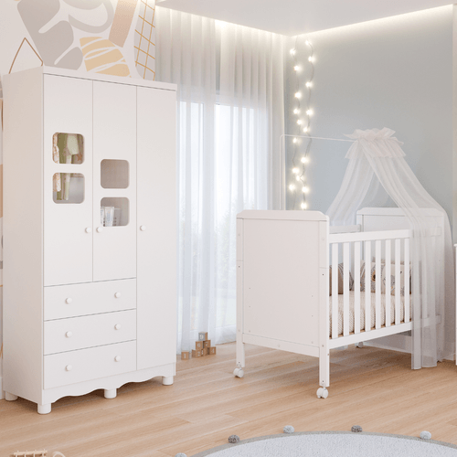 Quarto de Bebê Completo Berço Mini Cama Cloe 2 Em 1 Guarda Roupa Uli 3 Portas 3 Gavetas Móveis Peroba