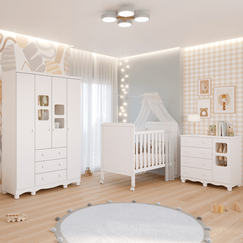 Quarto de Bebê Completo Guarda Roupa Uli 4 Portas 3 Gavetas Berço Mini Cama Cloe 2 Em 1 Cômoda Uli 4 Gavetas 1 Porta Móveis Peroba