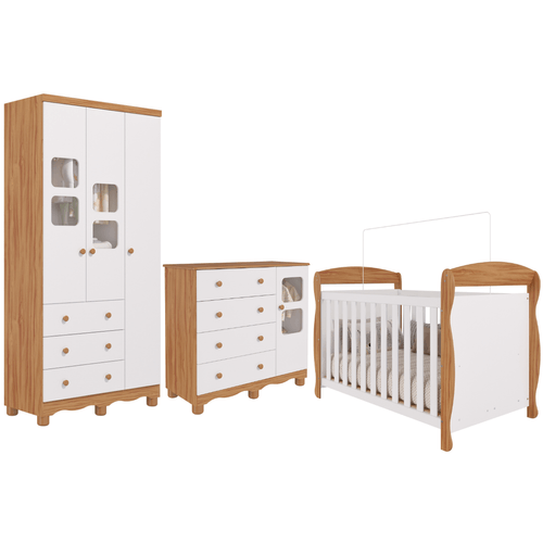 Quarto Bebê Completo Berço Americano Marquesa 3 em 1 Guarda Roupa 3 Portas Cômoda Uli Peroba