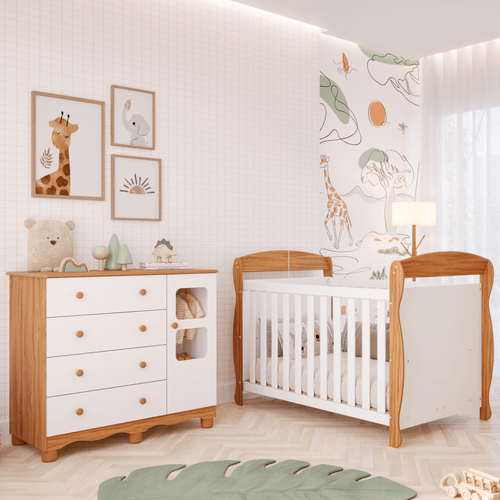 Quarto de Bebê Completo Berço Americano Marquesa 3 Em 1 Cômoda Uli 4 Gavetas 1 Porta Branco Carvalho 100% MDF Móveis Peroba