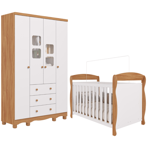 Quarto de Bebê Completo Berço Americano Marquesa 3 Em 1 Guarda Roupa Uli 4 Portas 3 Gavetas Branco Carvalho 100% MDF Móveis Peroba