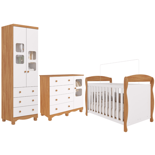 Quarto Bebê Completo Berço Americano Marquesa 3 em 1 Guarda Roupa 2 Portas Cômoda Uli 100% MDF Móveis Peroba