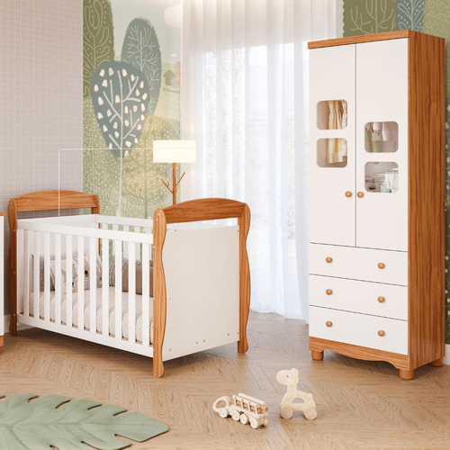 Quarto de Bebê Completo Berço Americano Marquesa 3 Em 1 Guarda Roupa Uli 2 Portas 3 Gavetas Branco Carvalho 100% MDF Móveis Peroba