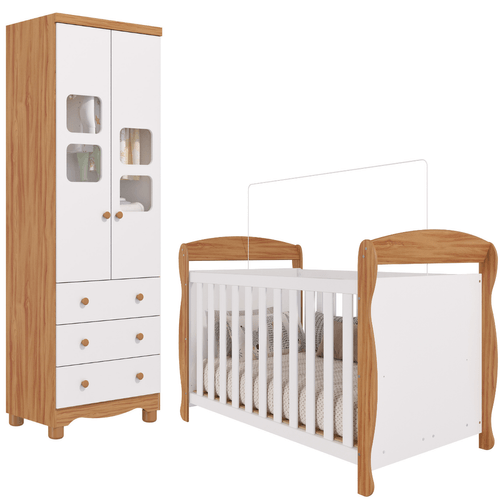 Quarto de Bebê Completo Berço Americano Marquesa 3 Em 1 Guarda Roupa Uli 2 Portas 3 Gavetas Branco Carvalho 100% MDF Móveis Peroba