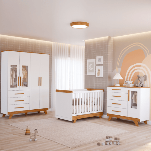 Quarto Bebê Retrô Janelado Completo com Guarda Roupa 4 Portas Berço Mini Cama Cômoda 4 Gavetas