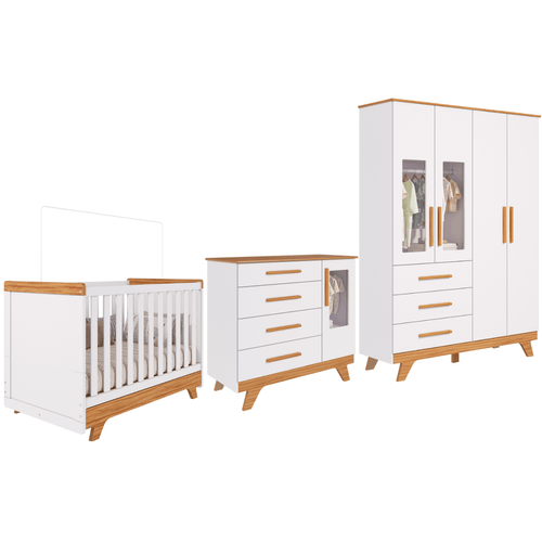 Quarto Bebê Retrô Janelado Completo com Guarda Roupa 4 Portas Berço Mini Cama Cômoda 4 Gavetas