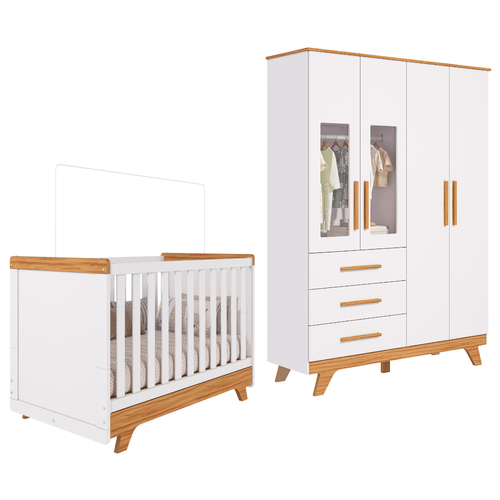 Quarto Bebê Retrô Janelado Completo Berço Americano 2 Em 1 Guarda Roupa 4 Portas 3 Gavetas 100% MDF Móveis Peroba