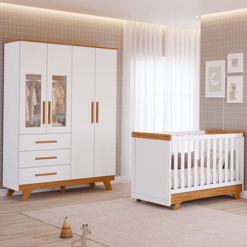 Quarto Bebê Retrô Janelado Completo Berço Americano 2 Em 1 Guarda Roupa 4 Portas 3 Gavetas 100% MDF Móveis Peroba