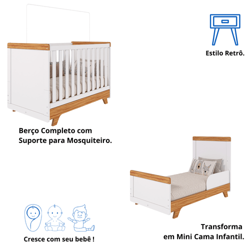 Quarto Bebê Retrô Janelado Completo Berço Americano 2 Em 1 Guarda Roupa 4 Portas 3 Gavetas 100% MDF
