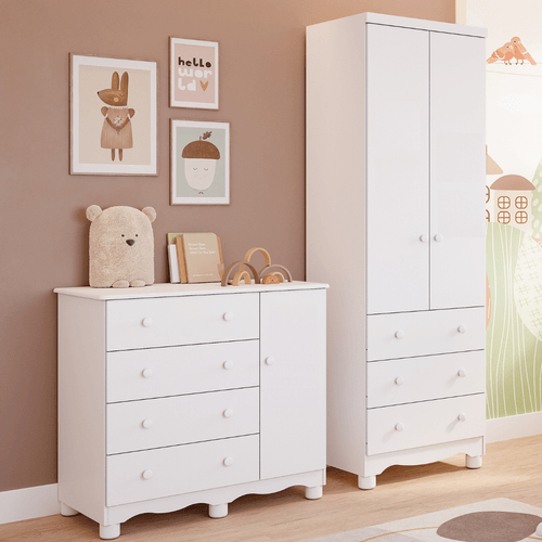 Quarto de Bebê Completo Guarda Roupa 2 Portas Cômoda 1 Porta 3 Gavetas 100% MDF Junior