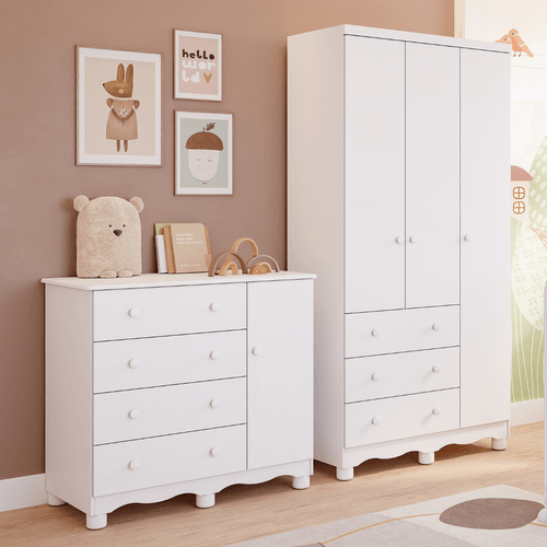 Quarto de Bebê Completo Guarda Roupas 3 Portas Cômoda 1 Porta 4 Gavetas 100% MDF Junior