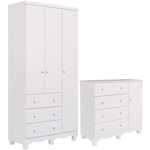 Quarto de Bebê Completo Guarda Roupas 3 Portas Cômoda 1 Porta 4 Gavetas 100% MDF Junior