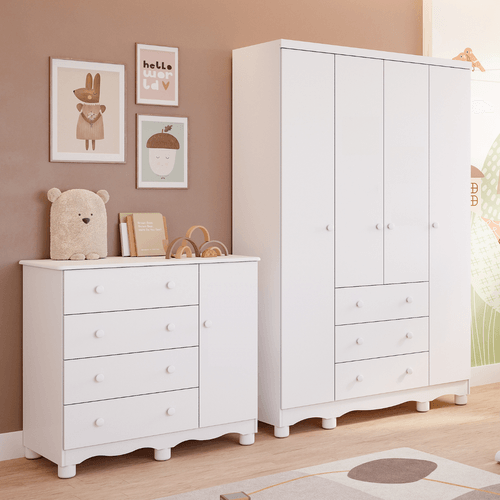 Quarto de Bebê Completo Guarda Roupa 4 Portas Cômoda 1 Porta 4 Gavetas 100% MDF Junior