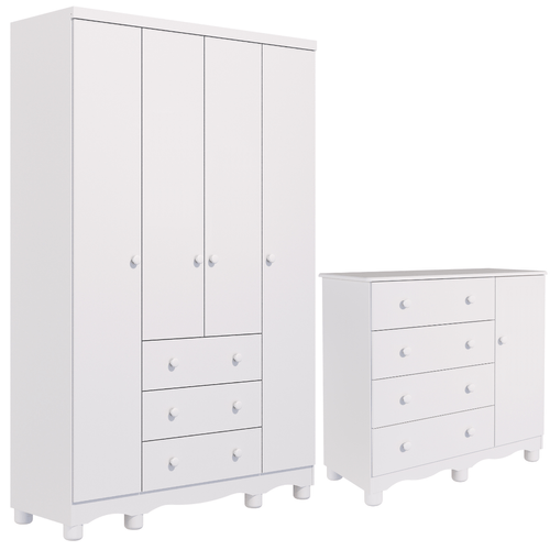 Quarto de Bebê Completo Guarda Roupa 4 Portas Cômoda 1 Porta 4 Gavetas 100% MDF Junior