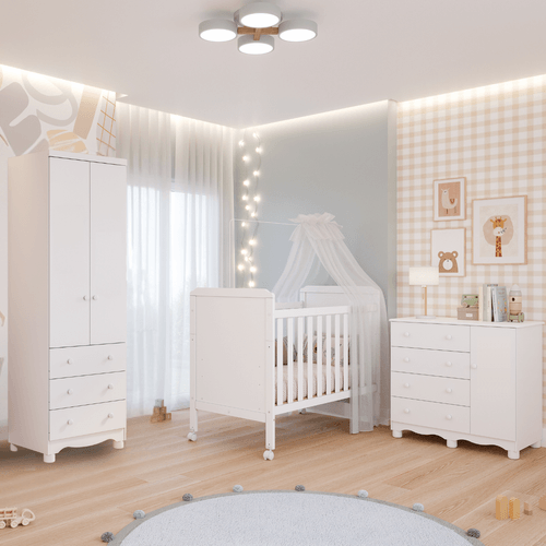 Quarto de Bebê Completo Berço Americano Cloe 2 em 1 Guarda Roupas 2 Portas Cômoda Junior 100% MDF