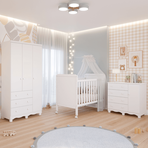 Quarto Bebê Completo Berço Americano Cloe 2 em 1 Guarda Roupas 3 Portas 3 Cômoda Junior 100% MDF