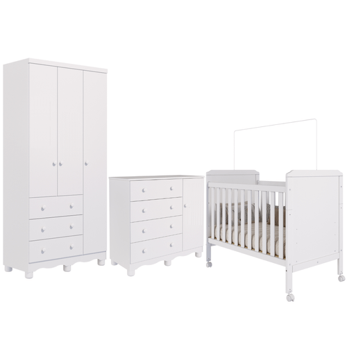 Quarto Bebê Completo Berço Americano Cloe 2 em 1 Guarda Roupas 3 Portas 3 Cômoda Junior 100% MDF