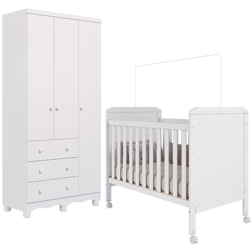 Quarto de Bebê Completo Berço Americano Cloe 2 em 1 Guarda Roupas 3 Portas 3 Gavetas Junior 100% MDF