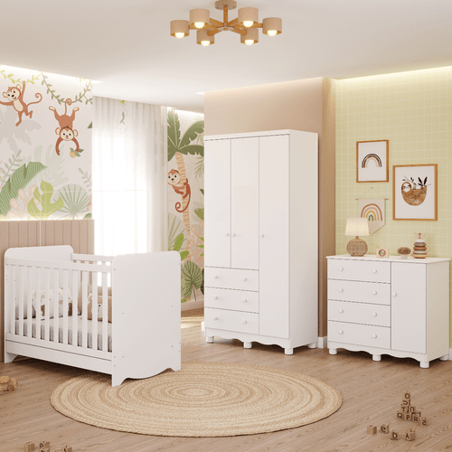 Quarto Bebê Completo Berço Americano Ben 3 em 1 Guarda Roupas 3 Portas Cômoda Junior 100% MDF