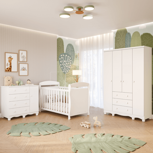 Quarto Bebê Completo Berço Americano Marquesa 3 em 1 Guarda Roupas 4 Portas Cômoda Junior 100% MDF