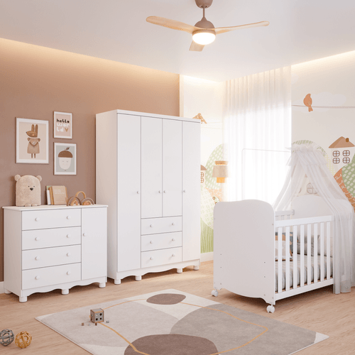 Quarto Bebê Completo Berço Americano Uli Guarda Roupa 4 Portas Cômoda 1 Porta Junior 100% MDF