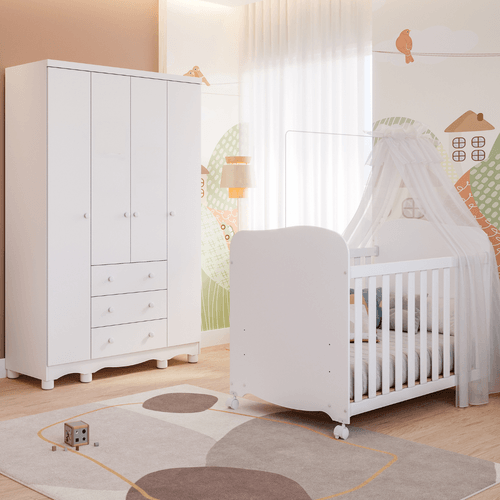 Quarto de Bebê Completo Berço Americano Uli Guarda Roupa 4 Portas 3 Gavetas Junior 100% MDF