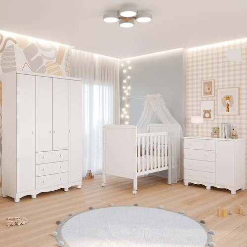 Quarto Bebê Completo Berço Americano Cloe 2 em 1 Guarda Roupas 4 Portas Cômoda Junior 100% MDF