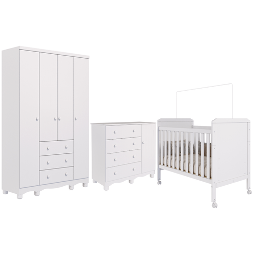 Quarto Bebê Completo Berço Americano Cloe 2 em 1 Guarda Roupas 4 Portas Cômoda Junior 100% MDF