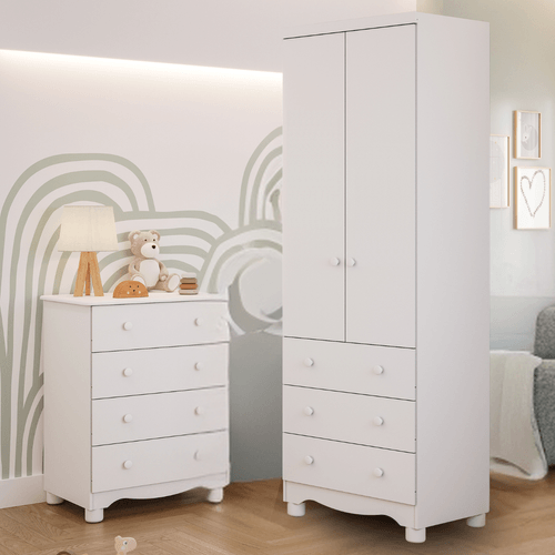 Quarto de Bebê Completo Cômoda Júnior Simples 4 Gavetas Guarda Roupa Júnior 2 Portas 3 Gavetas 100% MDF Móveis Peroba