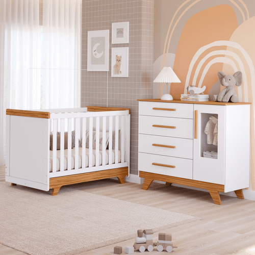 Quarto Bebê Retrô Janelado Completo Berço Americano 2 Em 1 Cômoda 4 Gavetas 1 Porta 100% MDF
