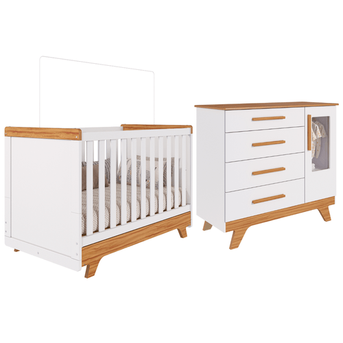 Quarto Bebê Retrô Janelado Completo Berço Americano 2 Em 1 Cômoda 4 Gavetas 1 Porta 100% MDF