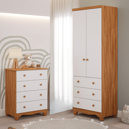 Quarto de Bebê Completo Cômoda Júnior Simples 4 Gavetas Guarda Roupa Júnior 2 Portas 3 Gavetas 100% MDF Móveis Peroba