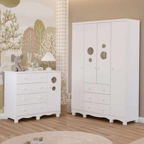 Quarto Bebê Completo Guarda Roupas 4 Portas Cômoda Bolinha