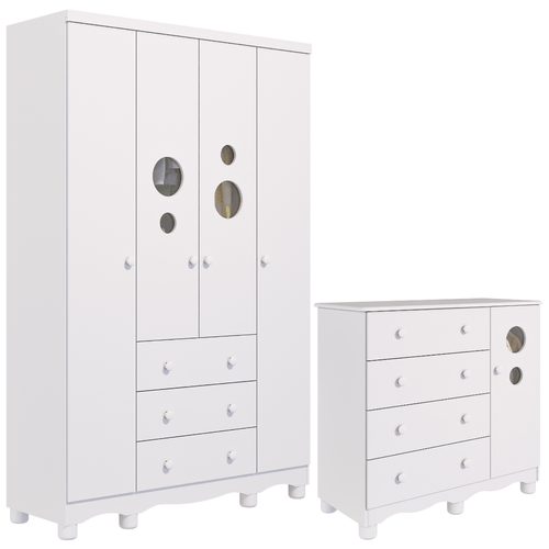 Quarto Bebê Completo Guarda Roupas 4 Portas Cômoda Bolinha