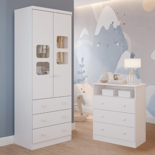 Quarto Bebe Completo Guarda Roupas Uli 2 Portas Gaveteiro 3 Gavetas Smim 100% MDF