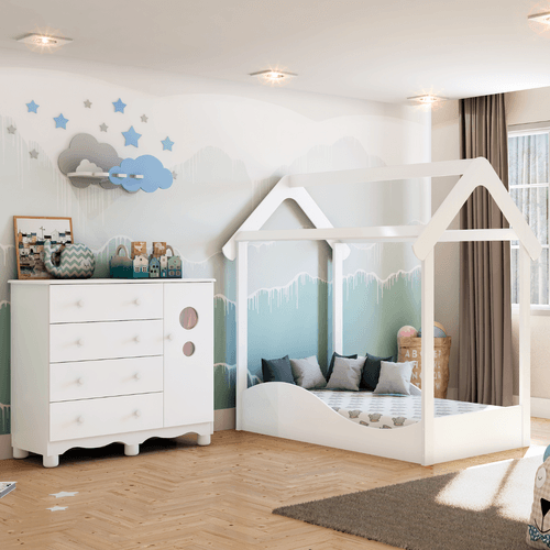 Quarto Infantil Completo Mini Cama Montessoriana Uli Cômoda 1 Porta 4 Gavetas Bolinha 100% MDF