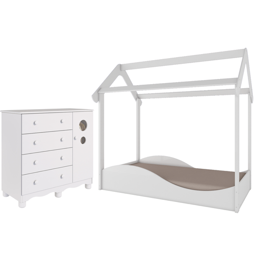 Quarto Infantil Completo Mini Cama Montessoriana Uli Cômoda 1 Porta 4 Gavetas Bolinha 100% MDF