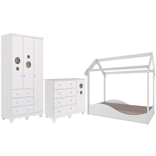 Quarto Infantil Completo Mini Cama Montessoriana Uli Guarda Roupas 3 Portas Cômoda Bolinha 100% MDF