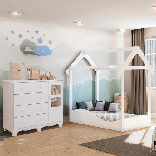 Quarto Infantil Completo Uli Mini Cama Montessoriana Cômoda 1 Porta 4 Gavetas 100% MDF Peroba