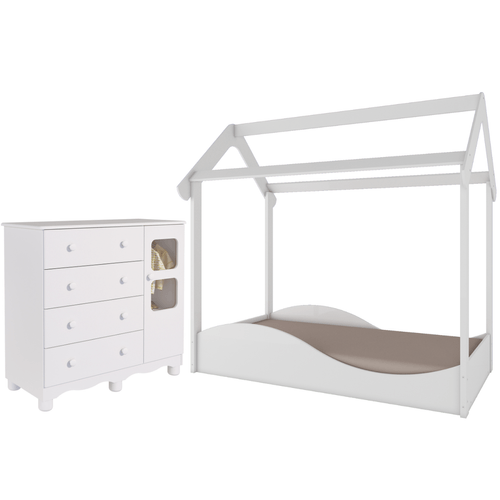 Quarto Infantil Completo Uli Mini Cama Montessoriana Cômoda 1 Porta 4 Gavetas 100% MDF Peroba