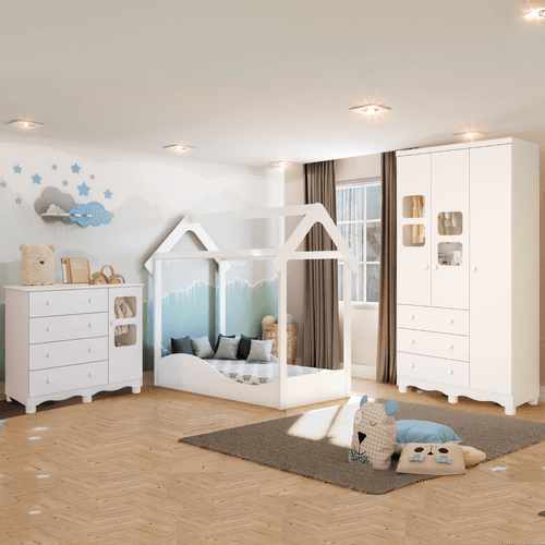 Quarto Infantil Completo Uli Mini Cama Montessoriana Guarda Roupas 3 Portas Cômoda 1 Porta 100% MDF