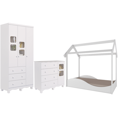 Quarto Infantil Completo Uli Mini Cama Montessoriana Guarda Roupas 3 Portas Cômoda 1 Porta 100% MDF