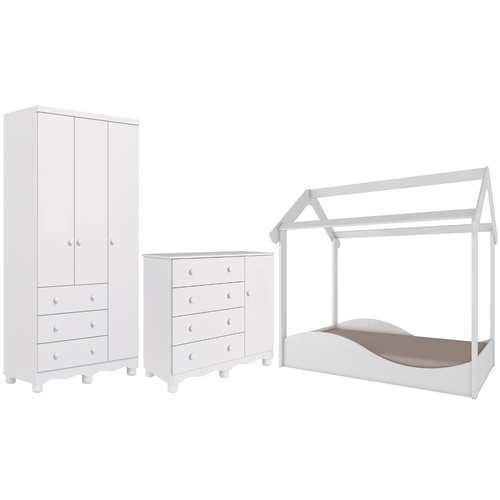 Quarto Infantil Completo Mini Cama Montessoriana Uli Guarda Roupas 3 Portas Cômoda Junior 100% MDF