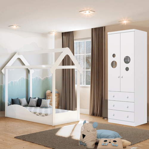 Quarto Infantil Completo Mini Cama Montessoriana Uli Guarda Roupas Bolinha 2 Portas 3 Gavetas 100% MDF