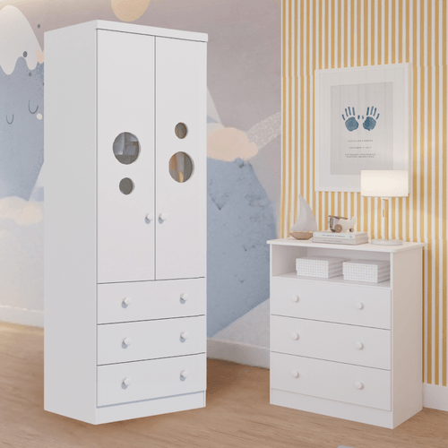 Quarto Infantil Completo Guarda Roupas 2 Portas 3 Gavetas Bolinha Gaveteiro 3 Gavetas Smim 100% MDF