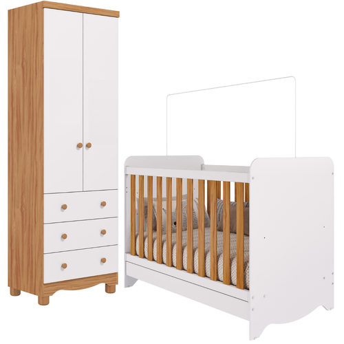 Quarto de Bebê Completo Berço Americano Ben 3 Em 1 Guarda Roupa Júnior 2 Portas 3 Gavetas Branco Carvalho 100% MDF Móveis Peroba